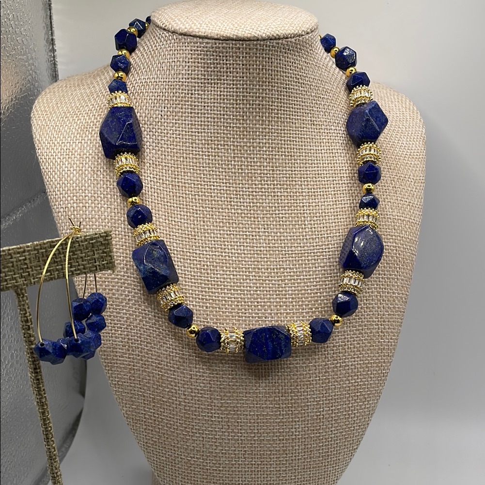 Elegant Blue And Gold Lapis Lazuli Necklace And Earrings.
